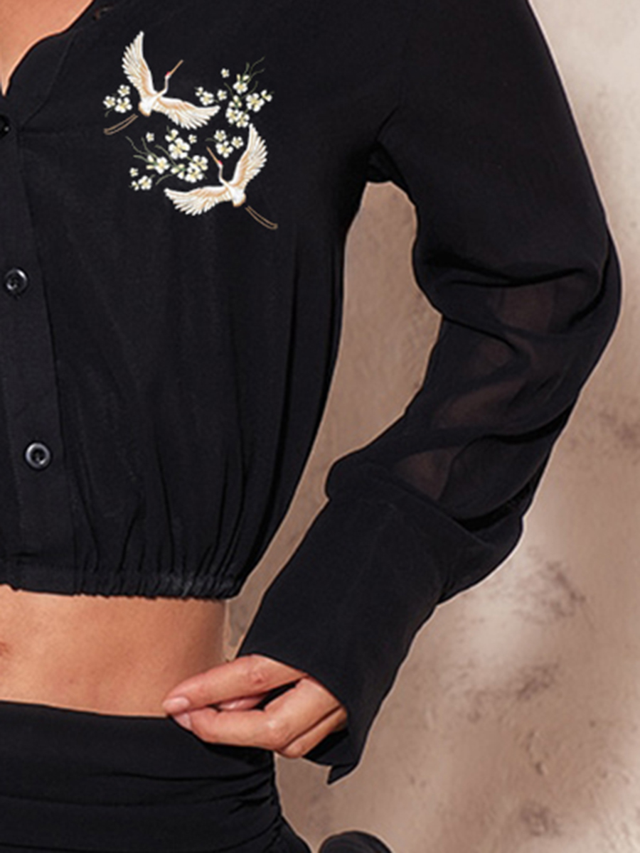 Black Chiffon Elastic Waist Long Sleeve Shirt