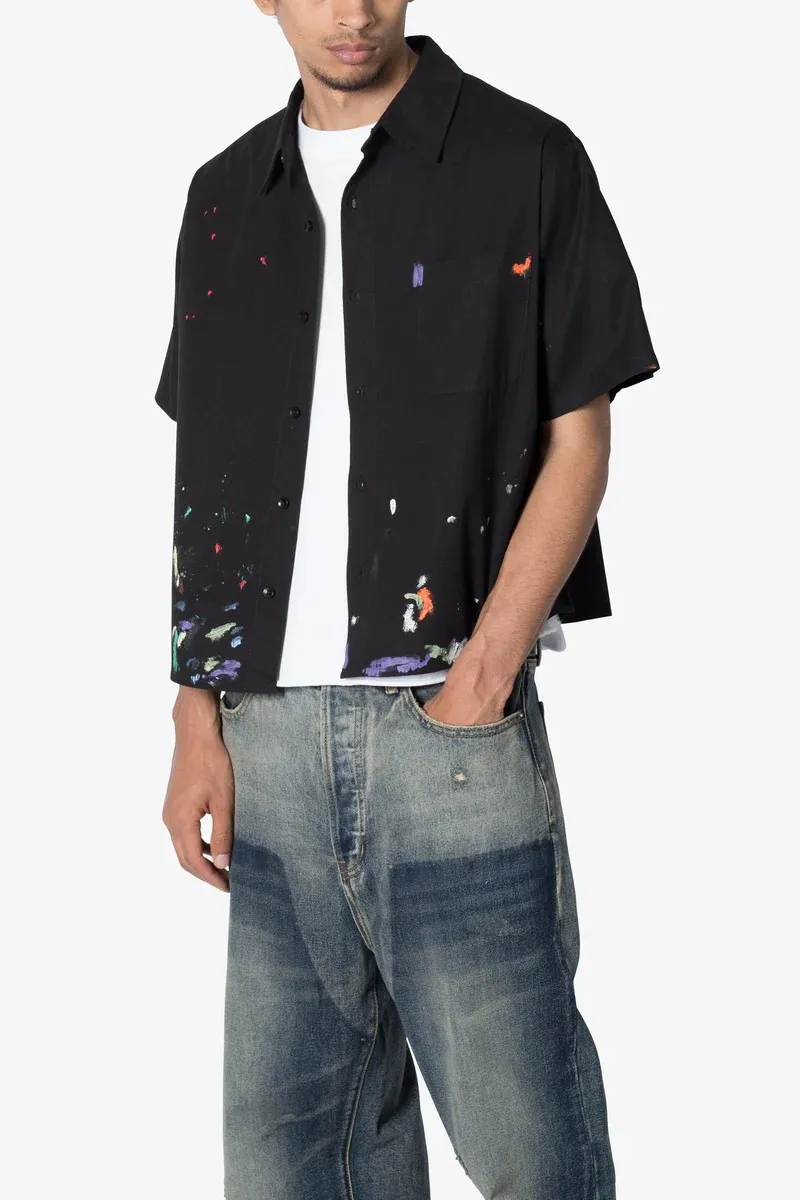 BLACK PAINT SPLATTER POPLIN SHORT SLEEVE SHIRT