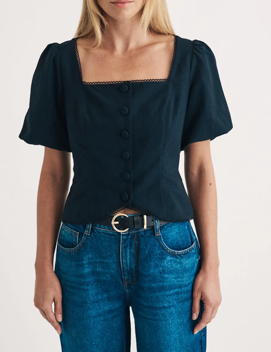 Black Puff Sleeve Button Down Blouse