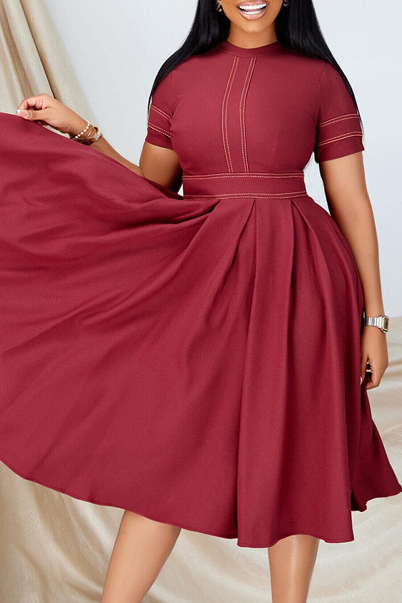 Plus Size Royal Blue Casual High Waist Pleated Round Neck Midi Dresses [New]