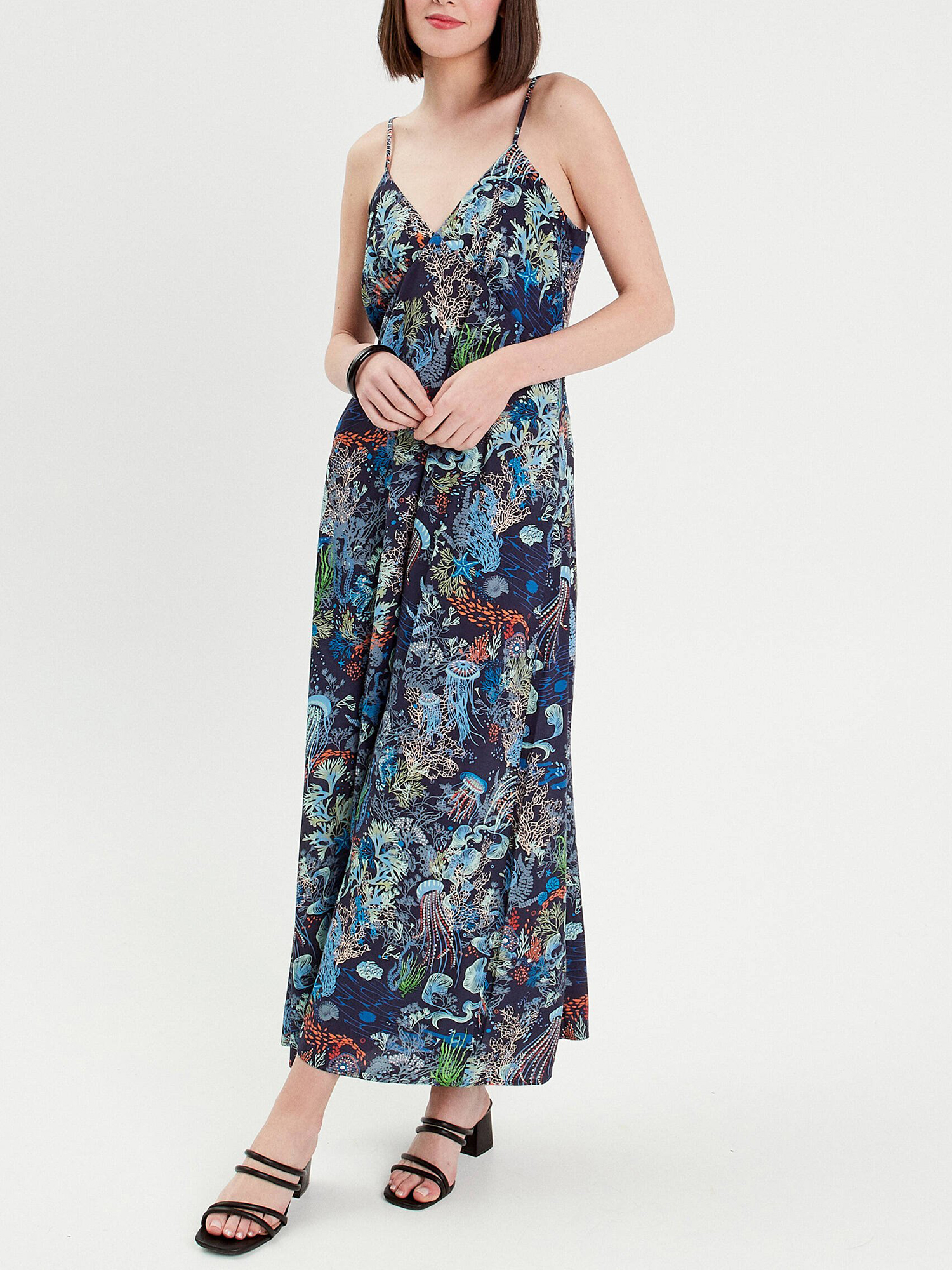 Robe longue évasée bretelles bleu marine femme