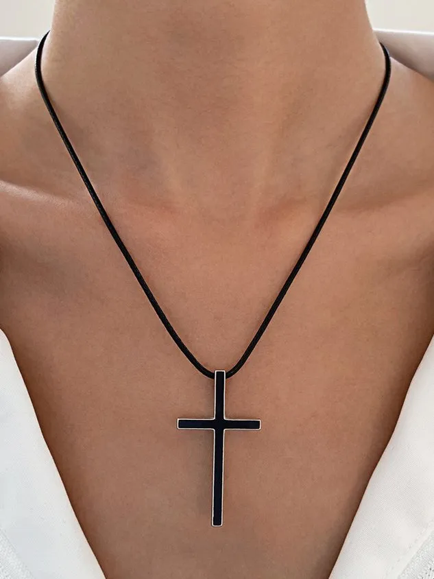 Daily Casual Black Cross Leather Rope Pendant Necklace Daily Dress Versatile Jewelry