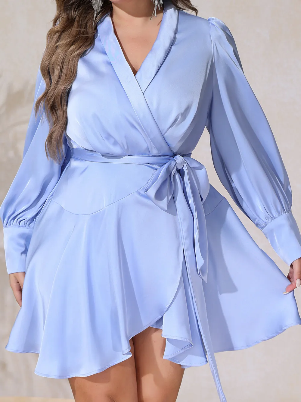 Large Size Women'S New Style Puff Sleeve One Piece Wrap Dress Waist Slimming Lace Up Satin Big Swing Puffy Dress