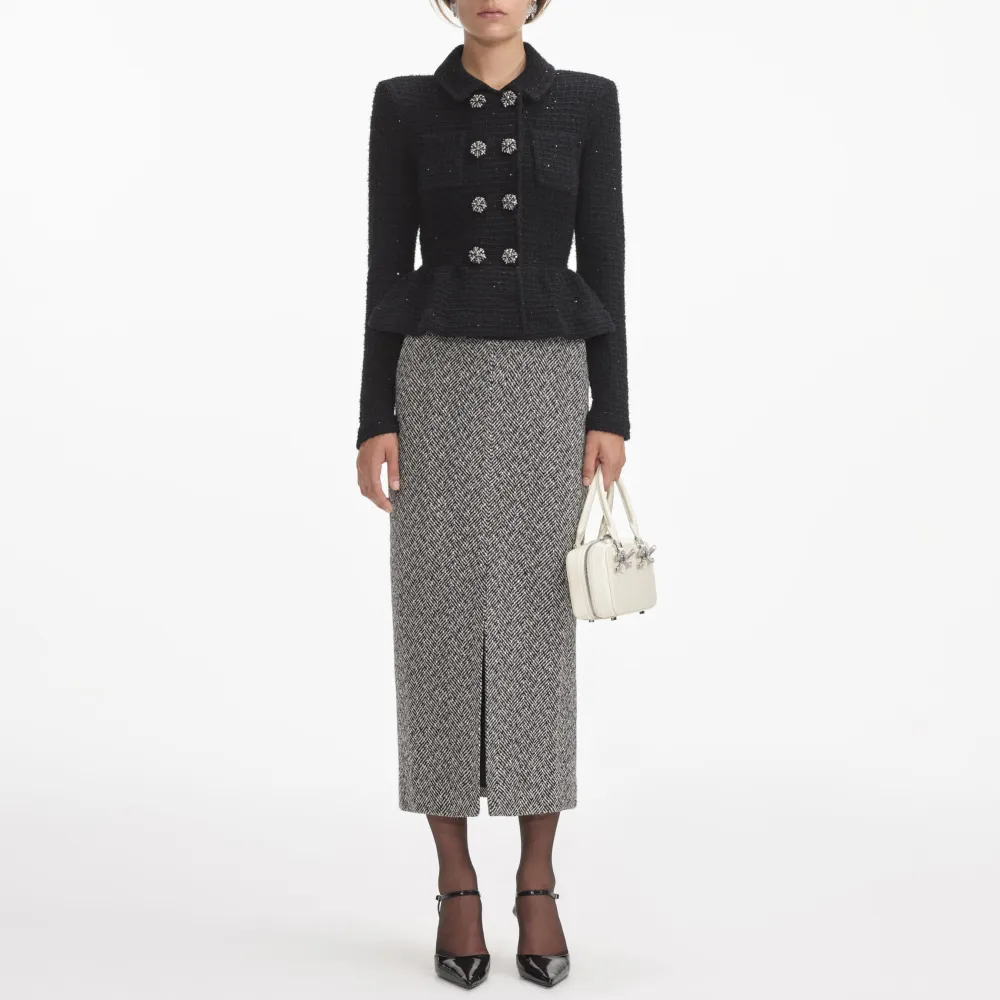 Black Textured Knit Peplum Jacket