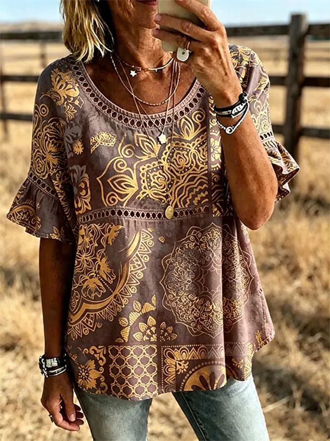 Women's Paisley Print Lace Trim Ruffle Short Sleeve Western Blouse