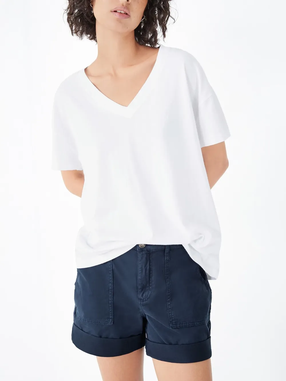 Plain Deep V-Neck Linen Blend T-Shirt