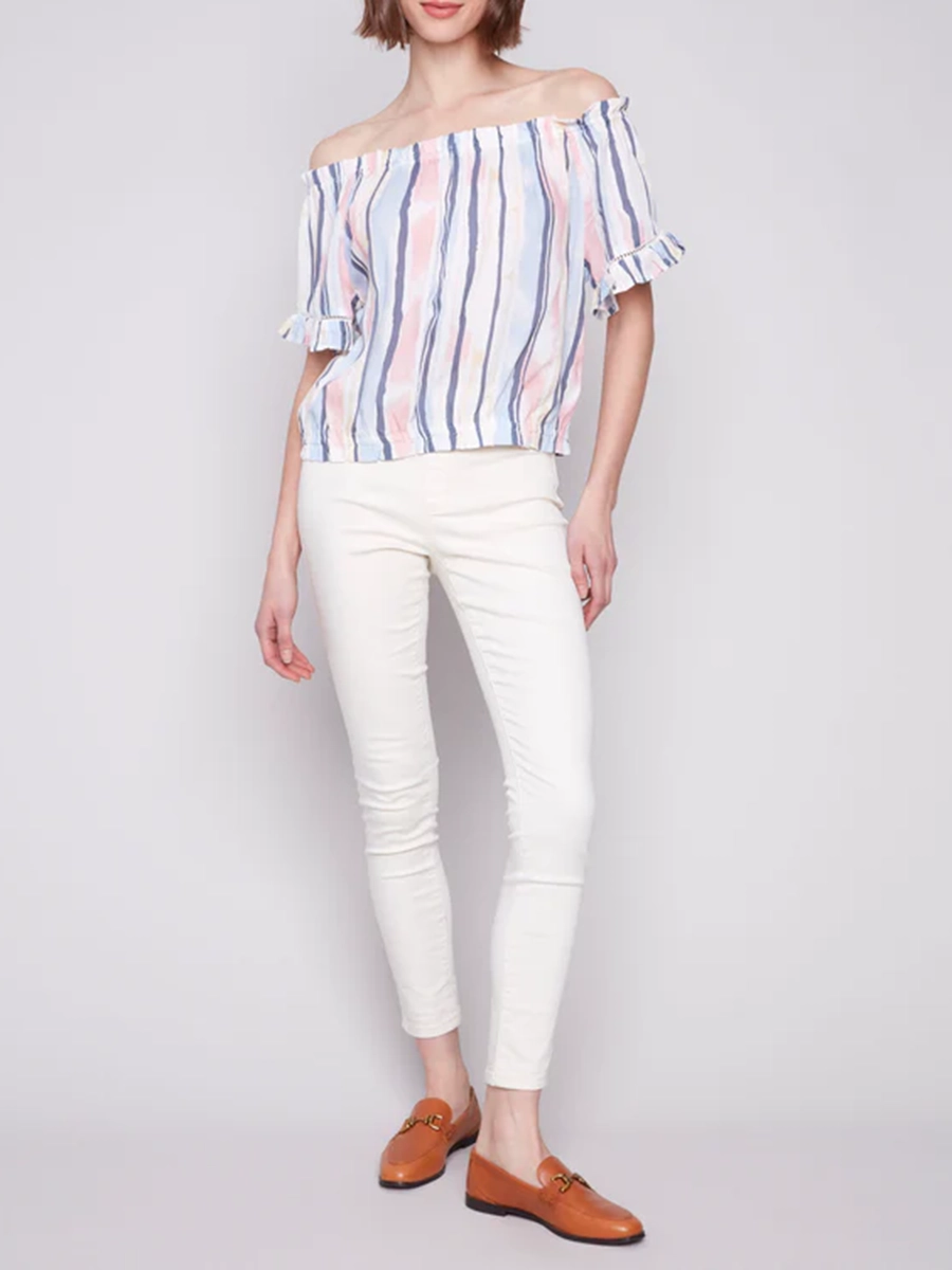 Striped High-End Off-Shoulder Short Sleeves