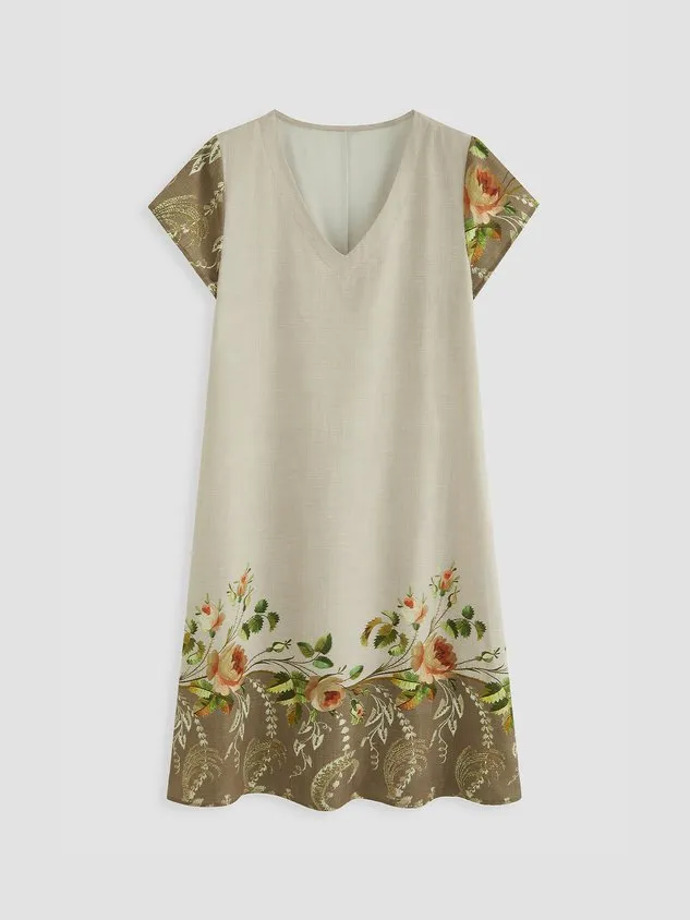 Women's V Neck Rose Floral Priented Short Sleeve Dress