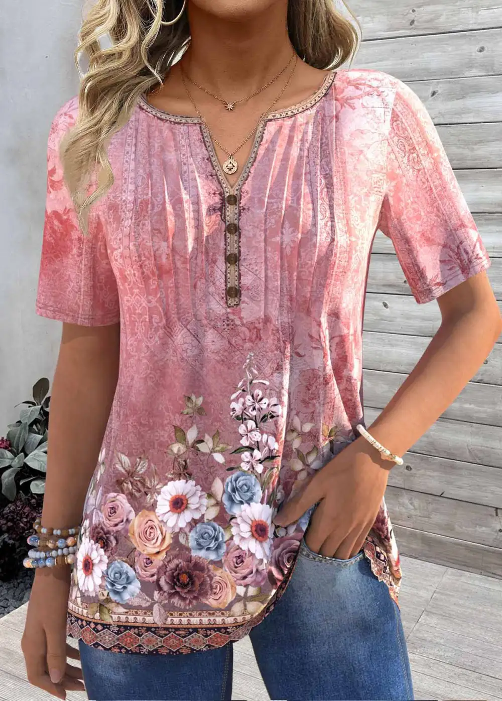 Deep Red Tuck Stitch Ombre Short Sleeve T Shirt