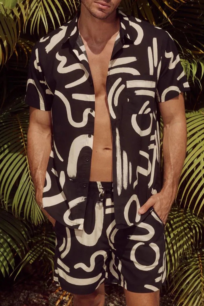 Black And White Abstract Print Men's Vacation Set