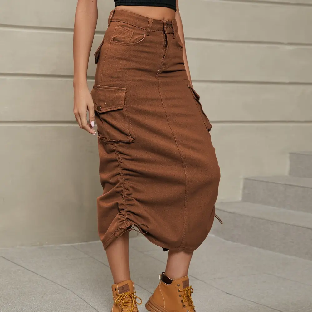Drawstring Ruched Slit Midi Skirt