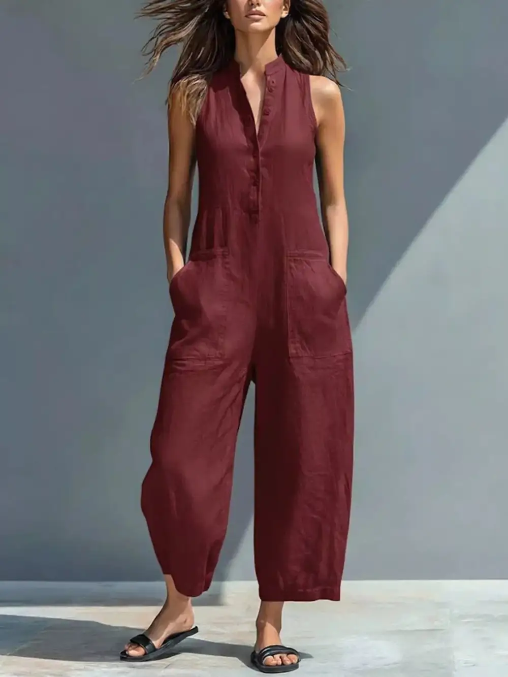 Button Front Sleeveless Jumpsuit