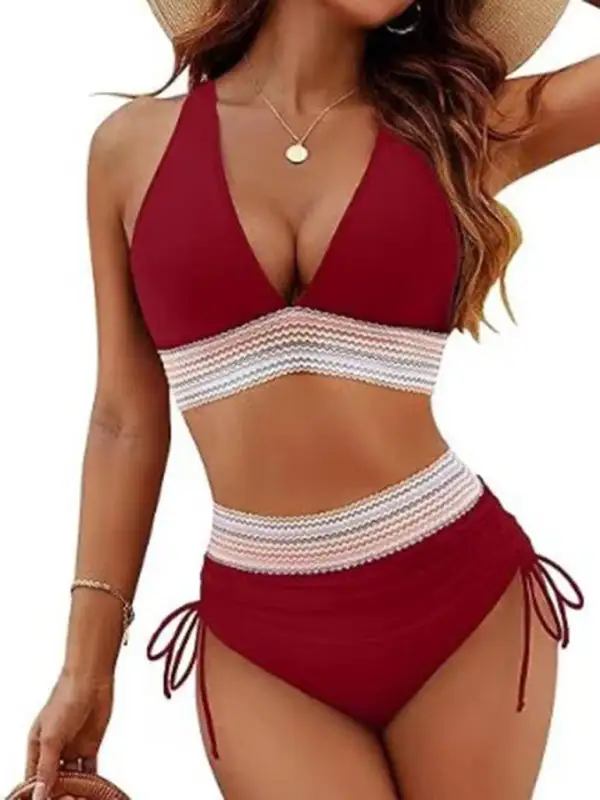 High Waist V Neck Tie Bikini Swim Set