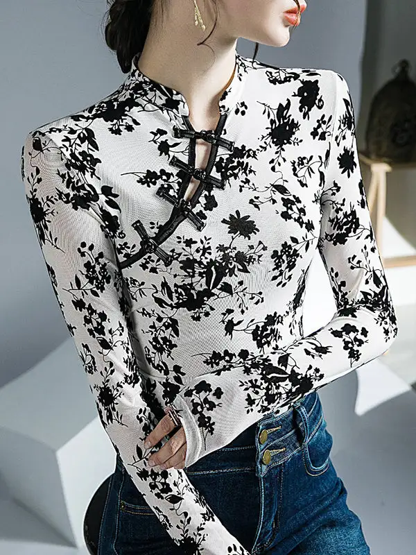 Long Sleeve Slim Fit Button Detail Floral Print Mesh Mock Neck T-Shirt
