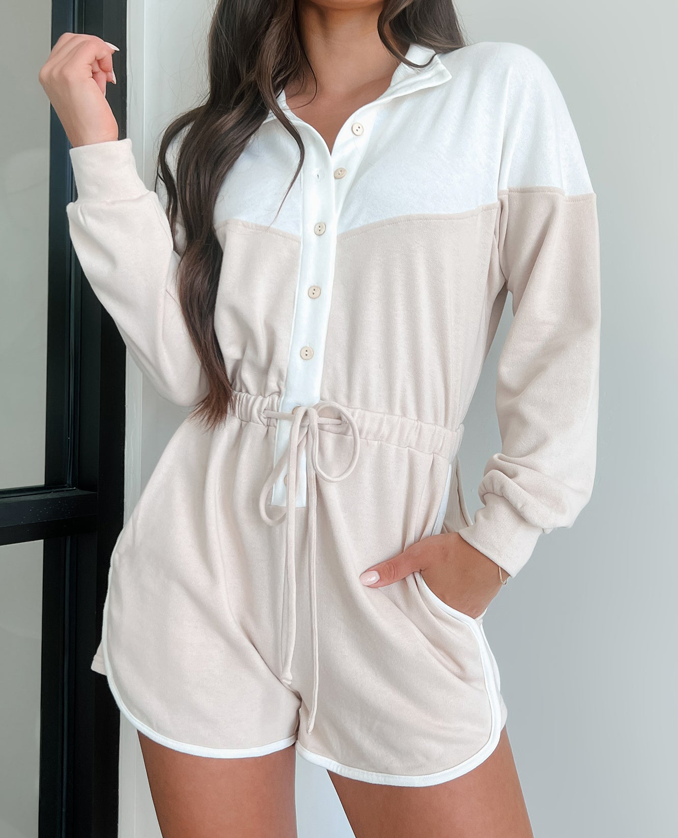 Ozzie Button-Front Long Sleeve Romper