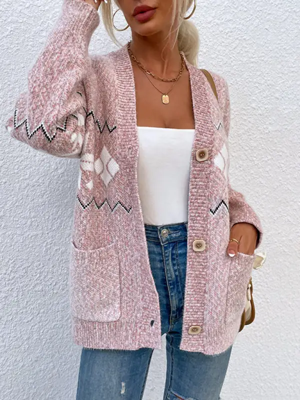 Women's Knit Cardigan Sweater with Snowflakes and Pockets in 4 Colors S-L