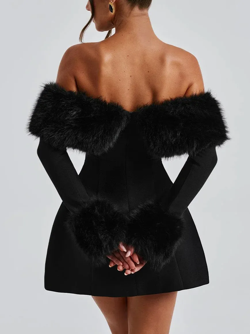 Playful Faux Fur Neckline Line Mini Dress