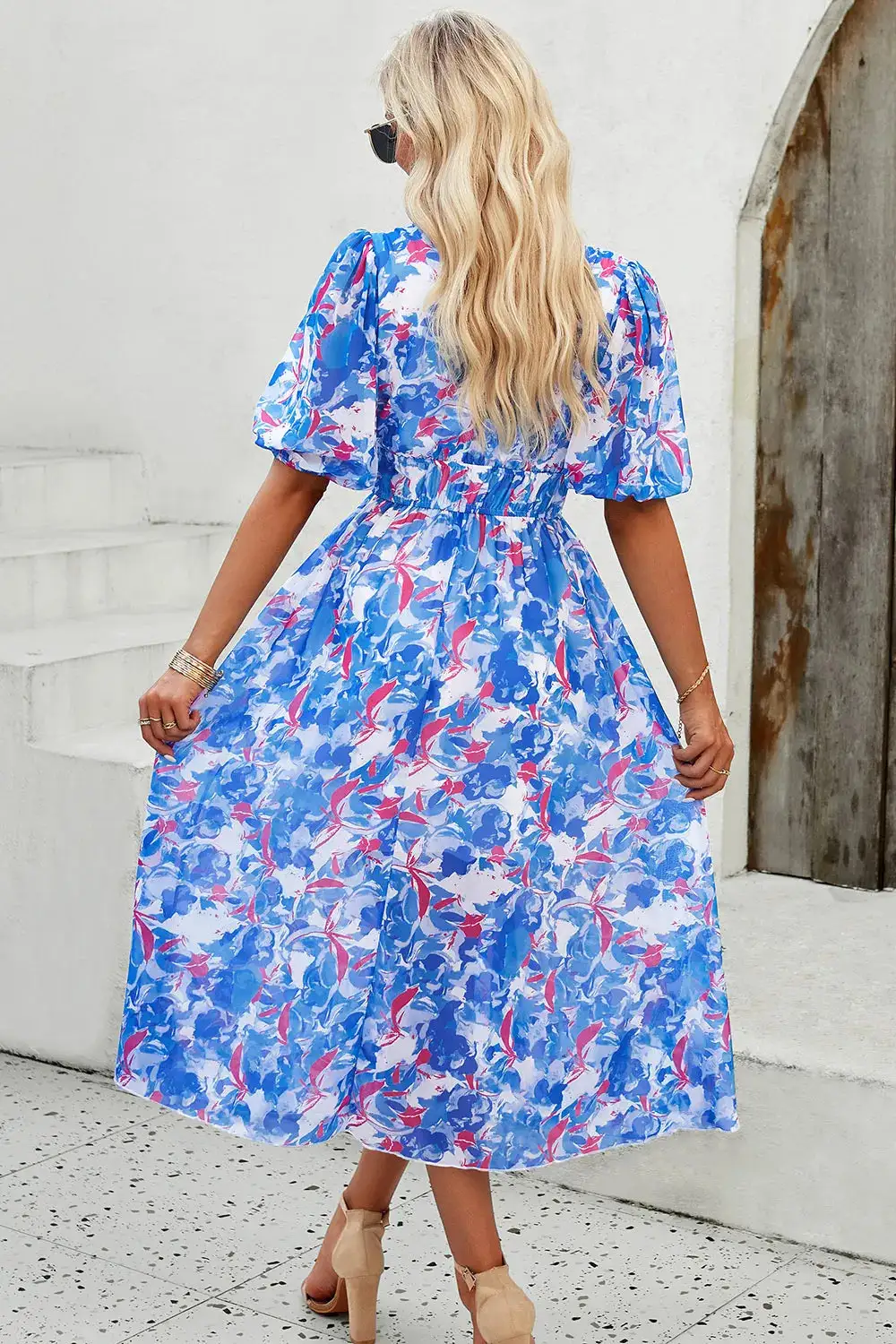 Smocked Printed V Neck Casual Dress