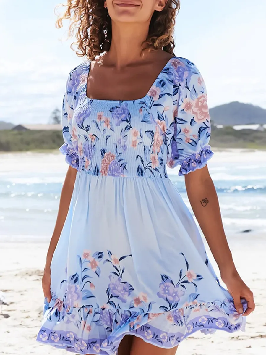 Short sleeve Bohemian holiday floral dress