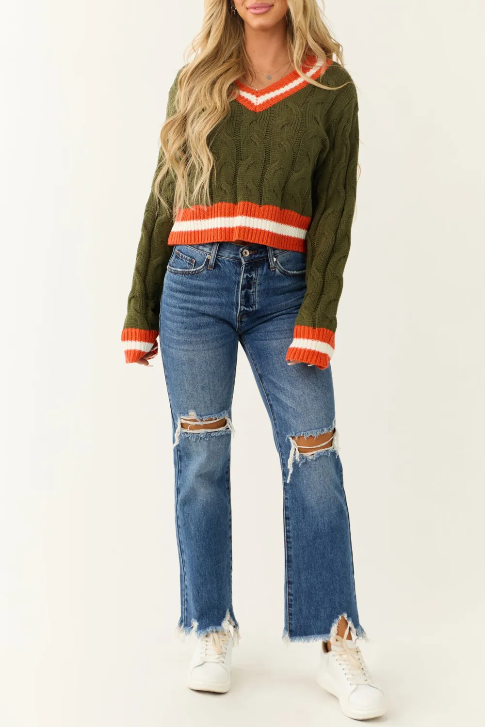 Army Green Knit Contrast Stripe Trim Sweater