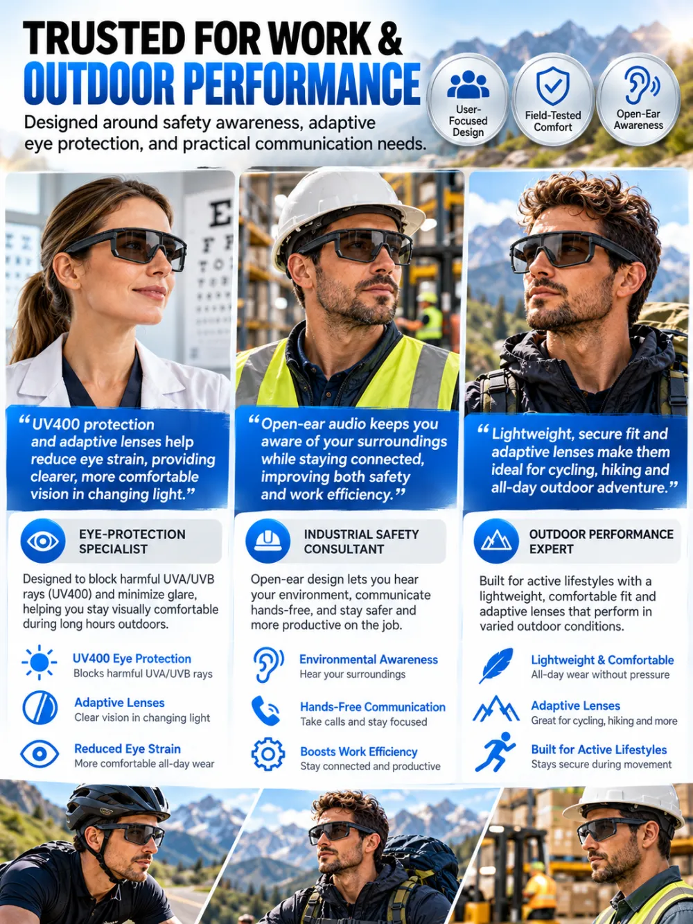 AI Smart Translation Bluetooth Sports Windproof Glasses with Photochromic Lenses, Hands-Free Calling, AI Translation, UV400 Protection, Lightweight, Voice Assistant for Cycling and Warehouse Work