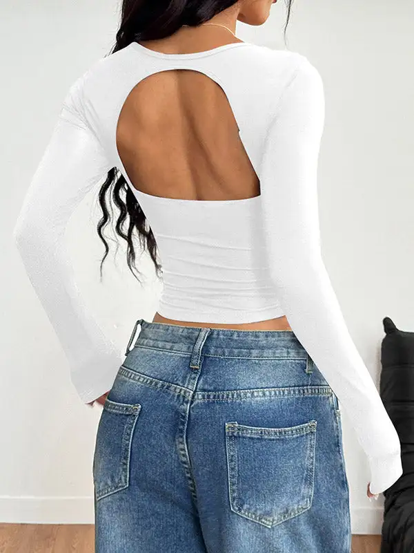 Long Sleeve Slim Fit Backless Pleat Detail Square Neck T-Shirt