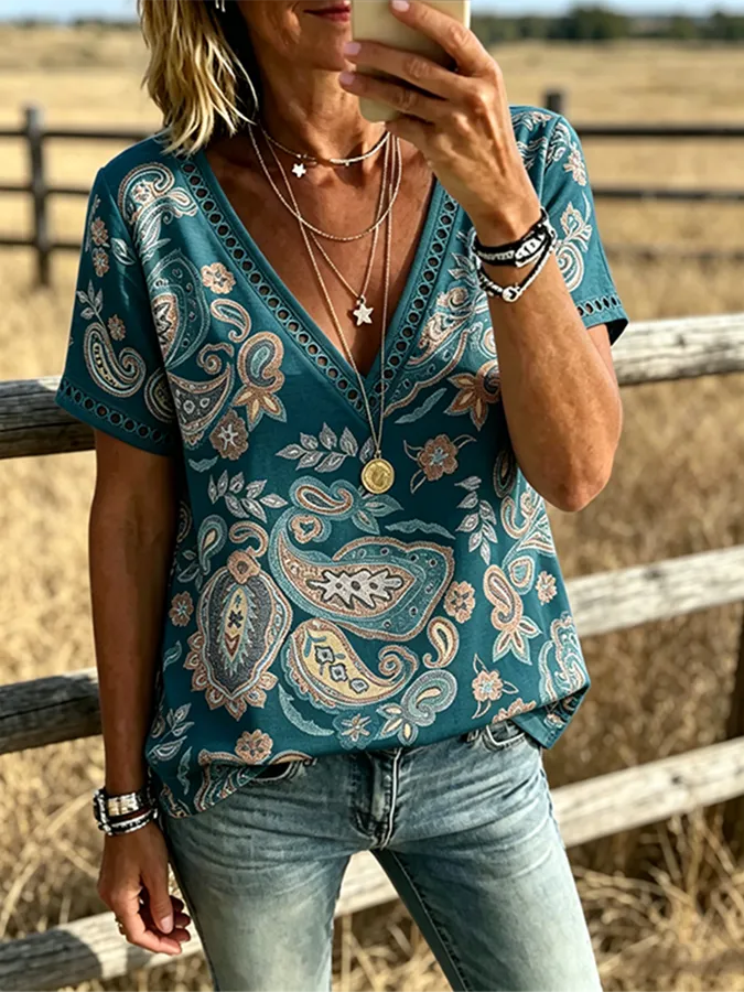 Women's Boho Paisley Print V Neck Trim Short Sleeve Western Blouse