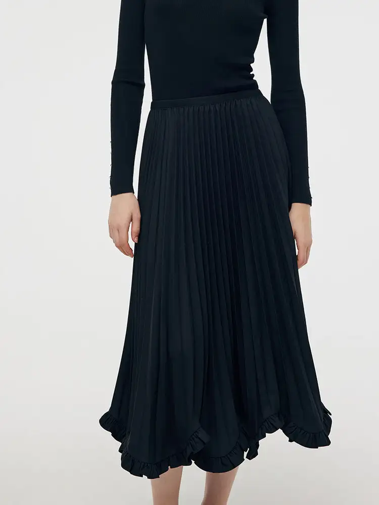 Petal Hem Pleated Women Midi Skirt