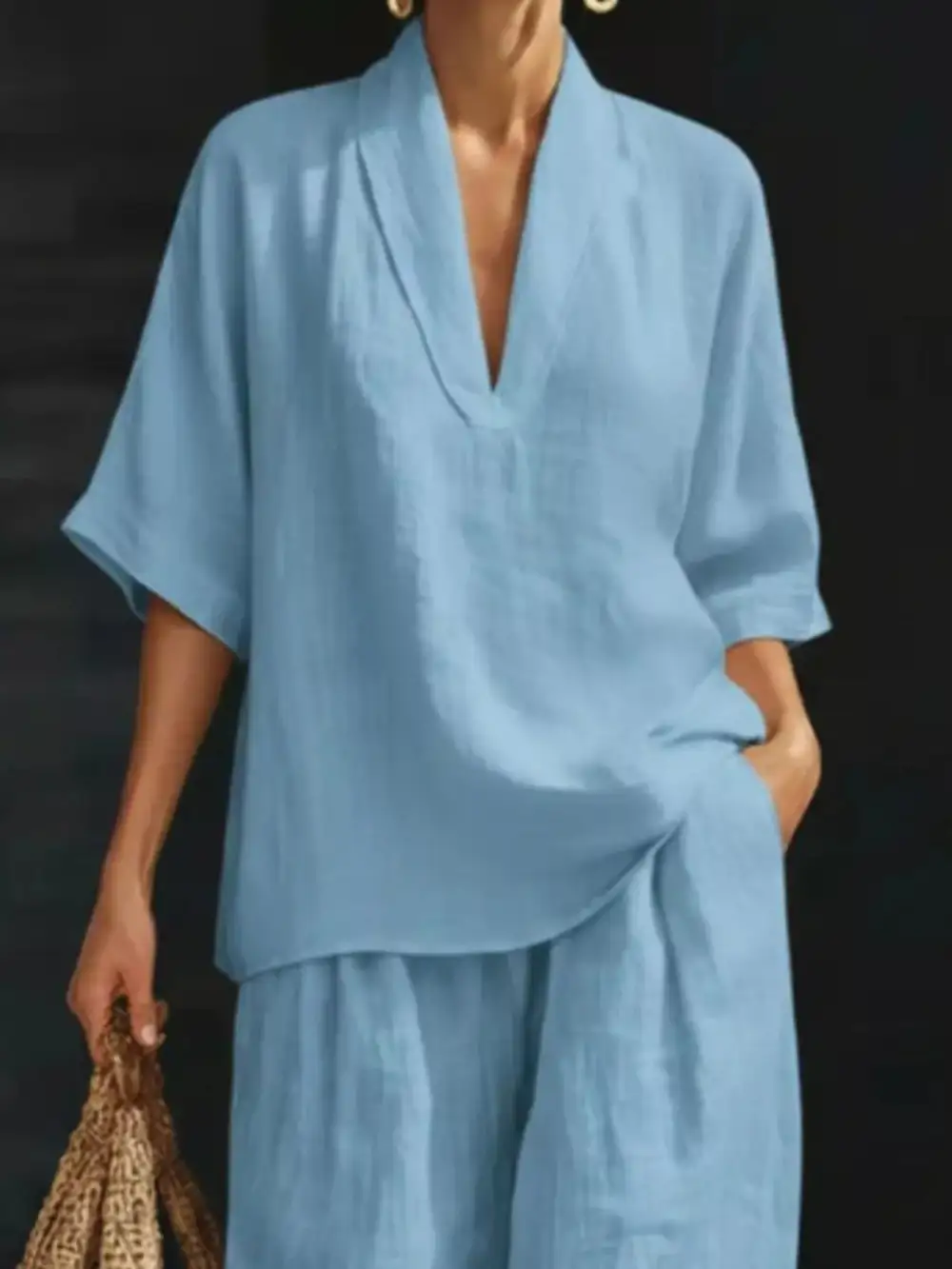 Relaxed Half Sleeve Top and Wide Leg Pants Set