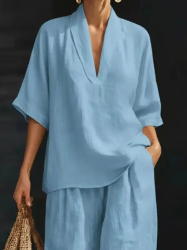 Relaxed Half Sleeve Top and Wide Leg Pants Set