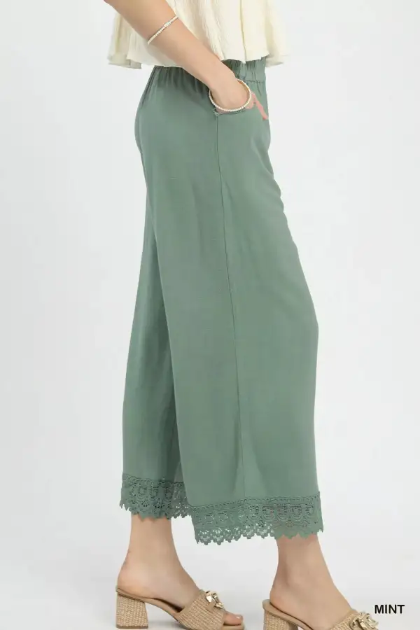 Everyday Linen Wide Leg Cropped Pants with Lace Trim