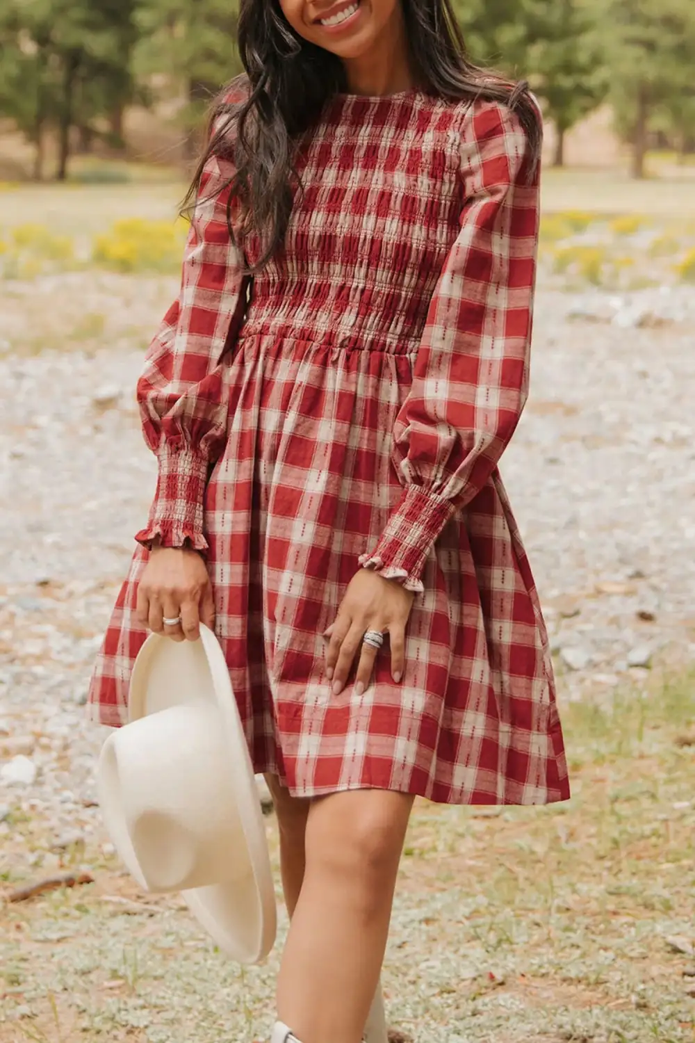 Lightweight Feel Plaid Printed Smocked Mini Dress
