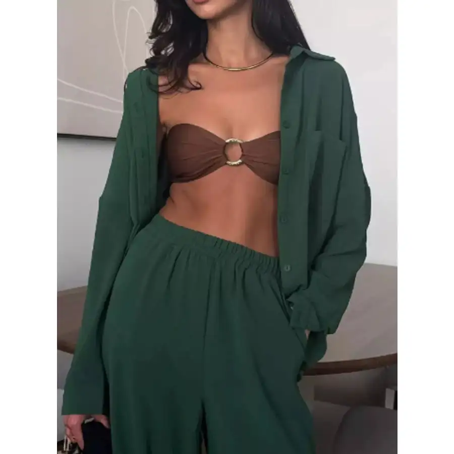 Button Up Long Sleeve Shirt and Pants Set