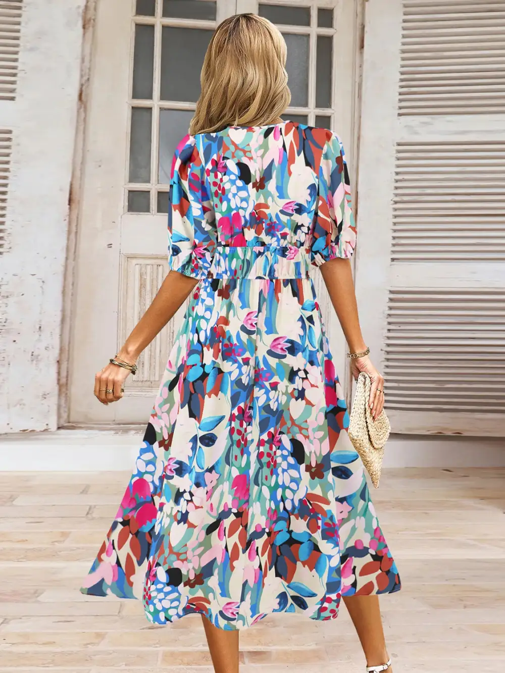 Boho Chic  Ruched Printed Surplice Short Sleeve Dress