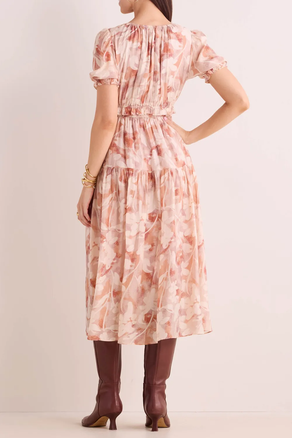 Nude Floral Print Tie-Waist Midi Dress