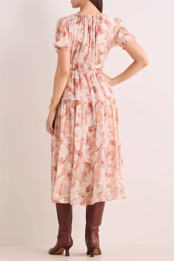 Nude Floral Print Tie-Waist Midi Dress