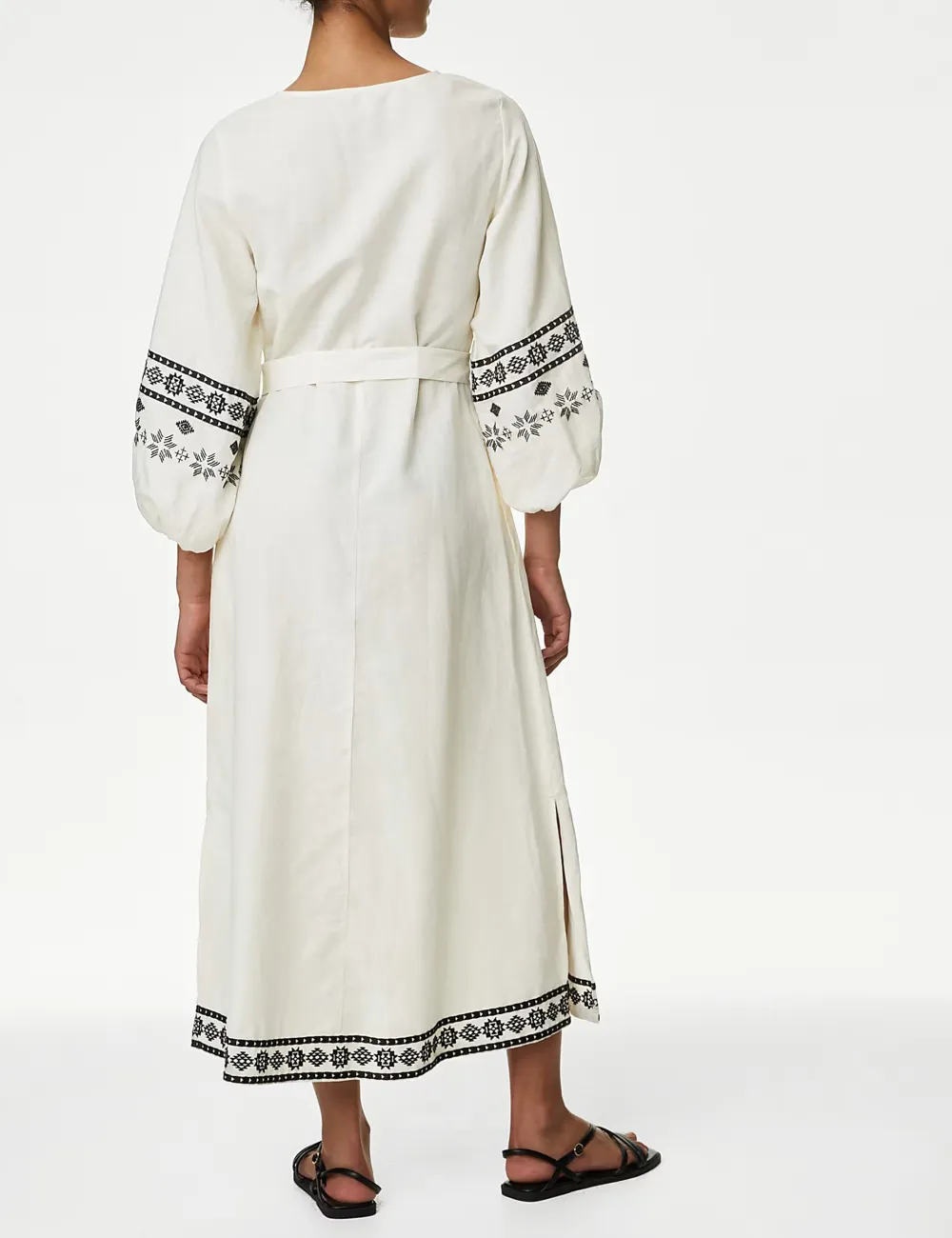 Linen Rich Embroidered V-Neck Day Dress