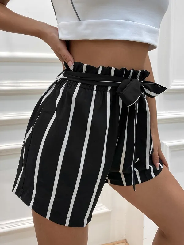 Women's Striped Belted Paperbag Waist Regular Fit Shorts