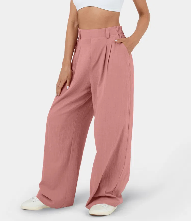 High Waisted Plicated Side Pocket Wide Leg Flowy Solid Palazzo Casual Pants