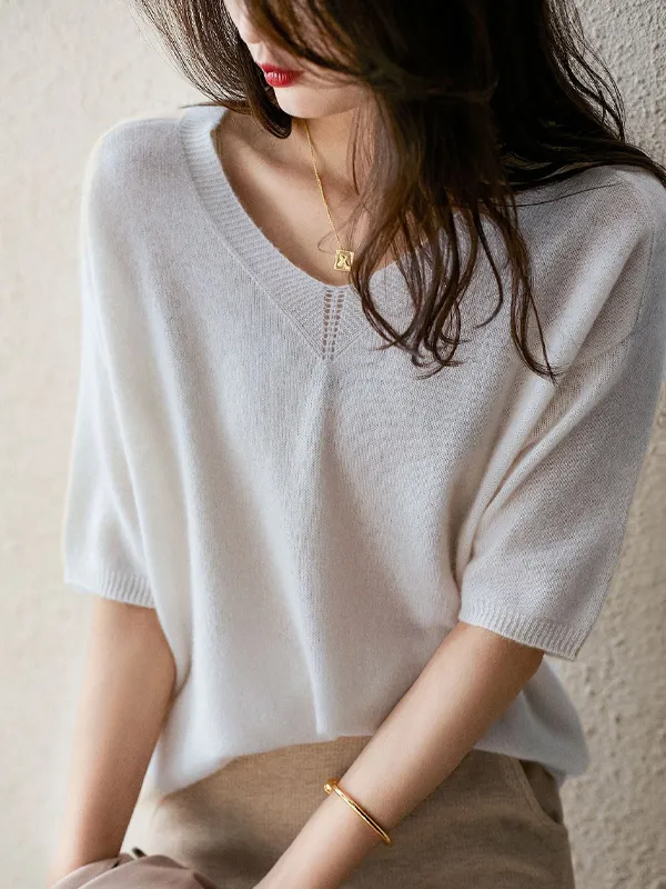 Loose Solid Color Half Sleeve Knitted Sweater