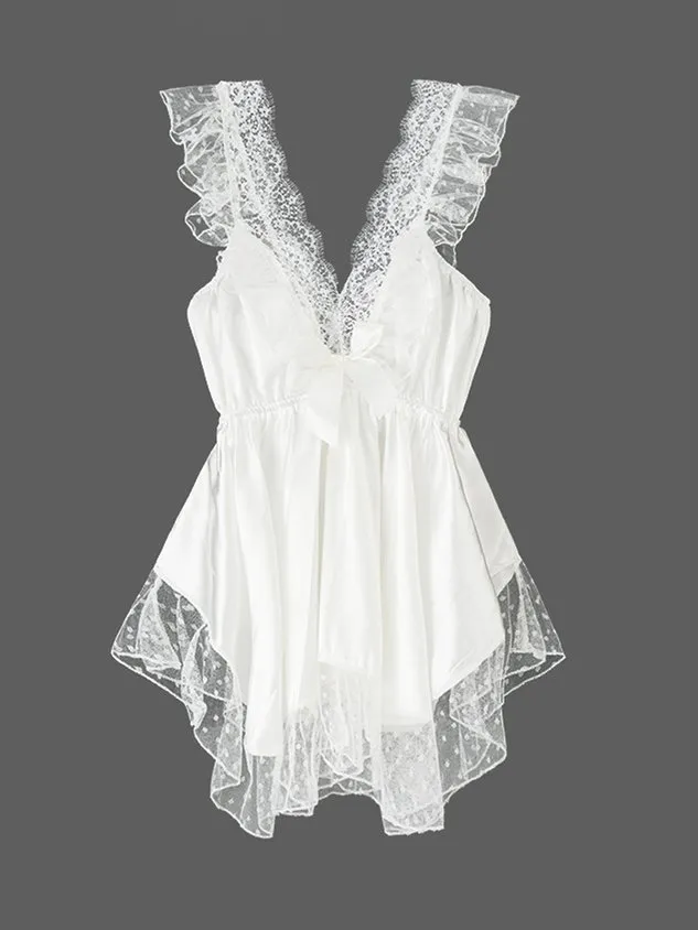 Deep V Sexy Romantic Elegant Lace Silk Nightdress