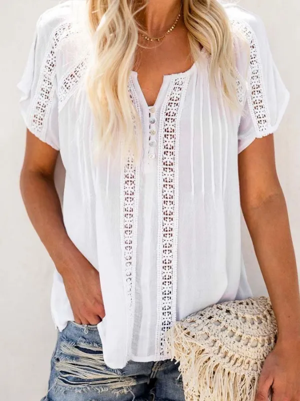 Women's Lace Panel Cutout Button Shirt