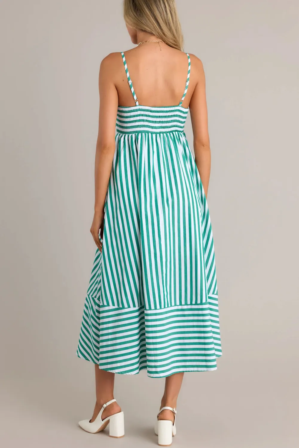 SERENE STUNNER 100% COTTON GREEN STRIPE MIDI DRESS