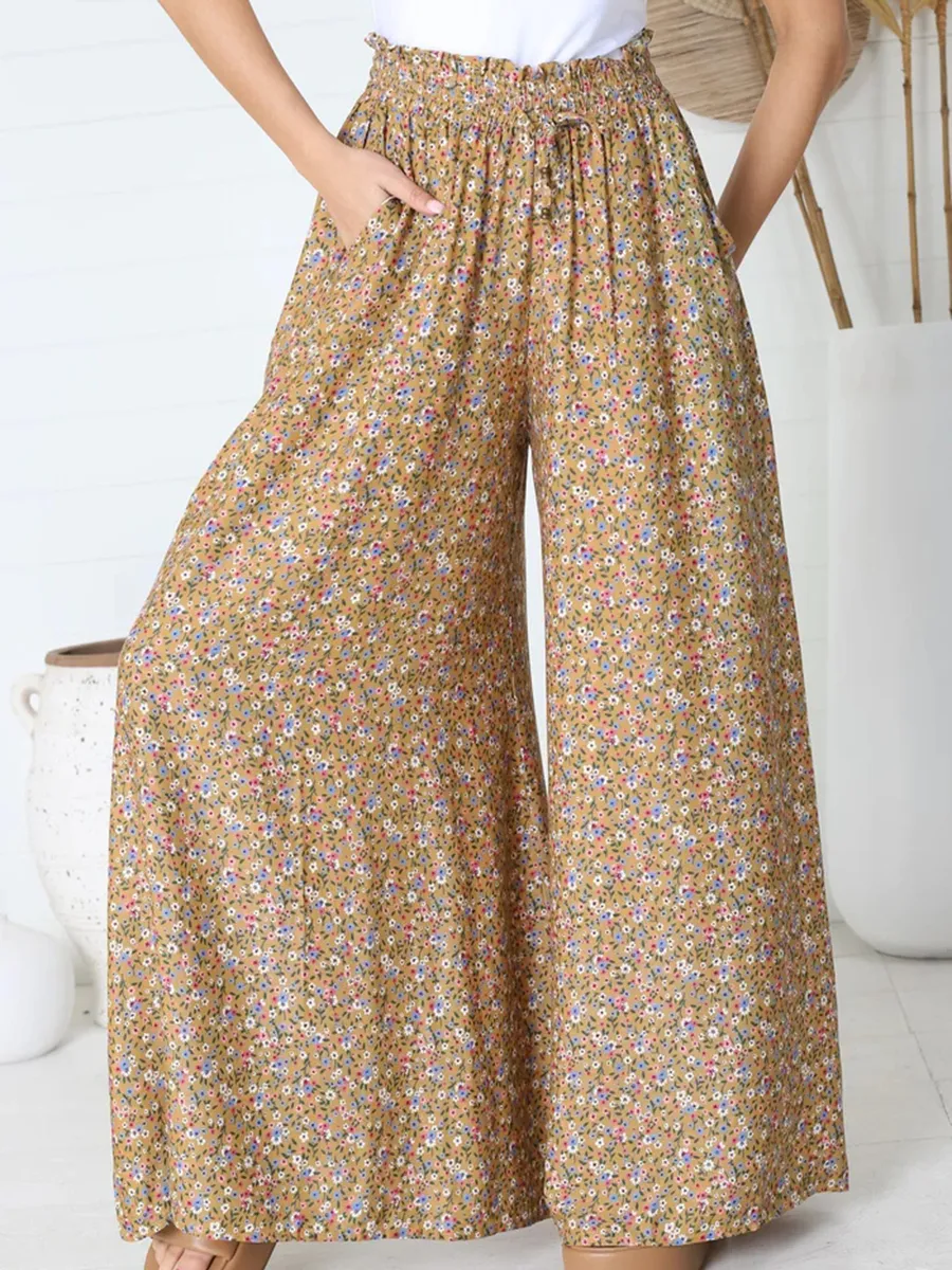 Boho high-waisted floral print trousers