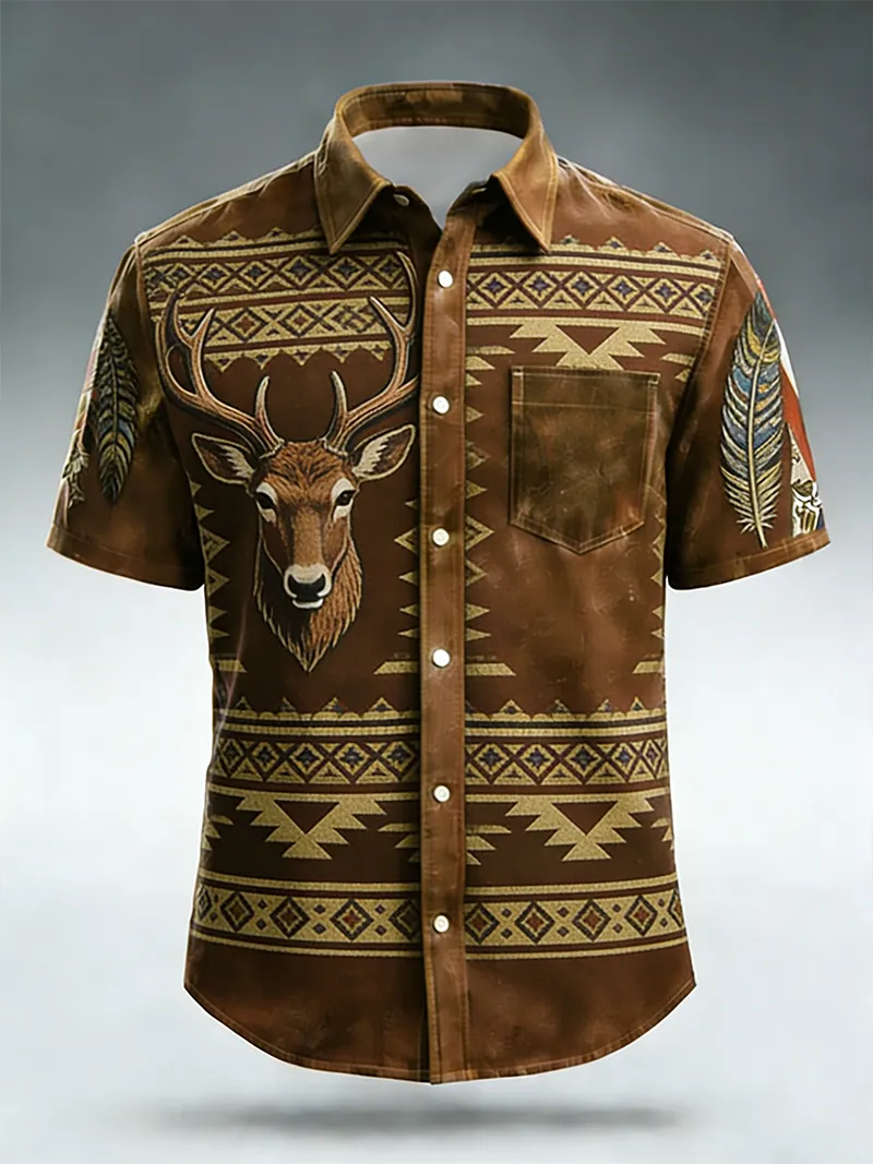 Men's Deer Head & Aztec Geometric Print Short Sleeve Shirt