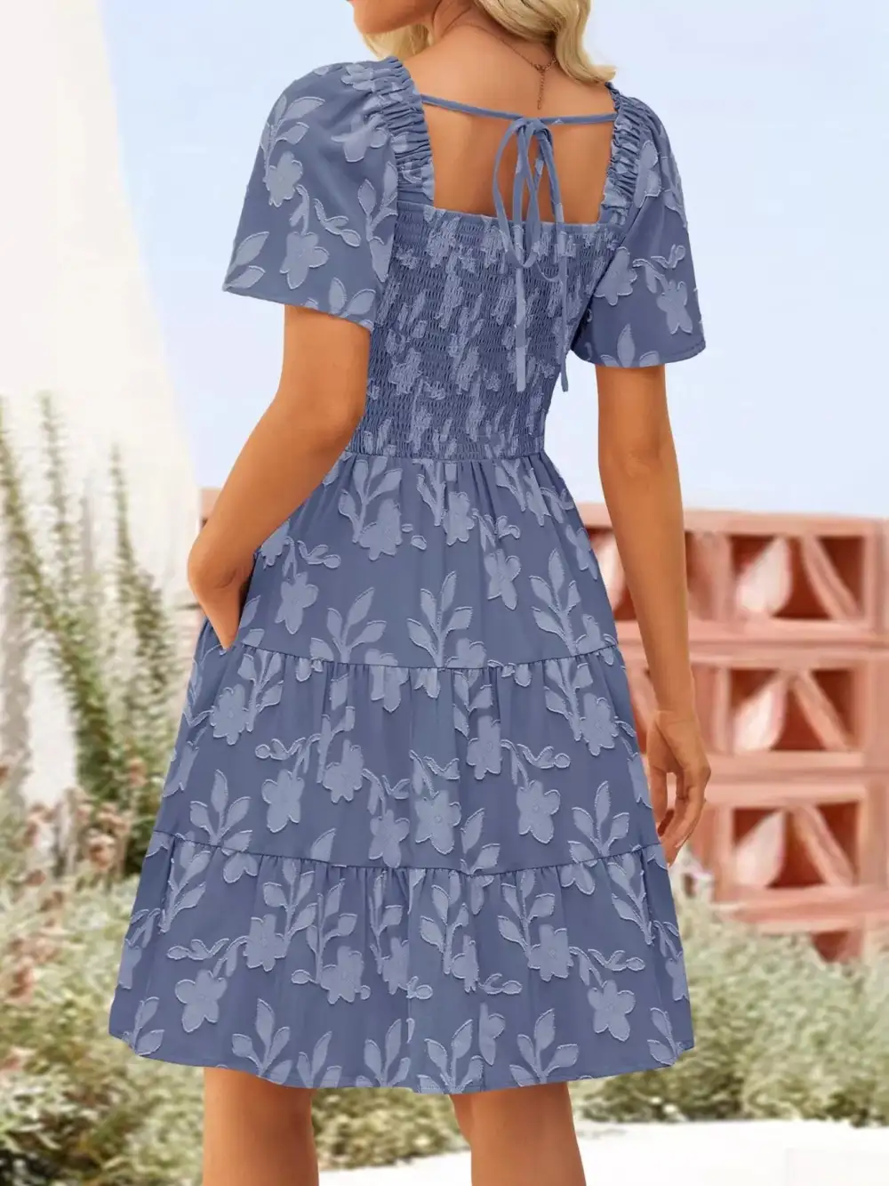 Square Neck Tiered Smocked Mini Dress