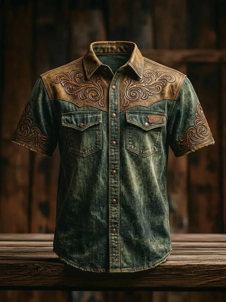 Men's Western Cowboy Floral Tooled Leather Print Short Sleeve Shirt