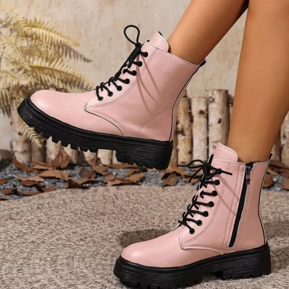 Textured Lace-Up Ankle Combat Boots