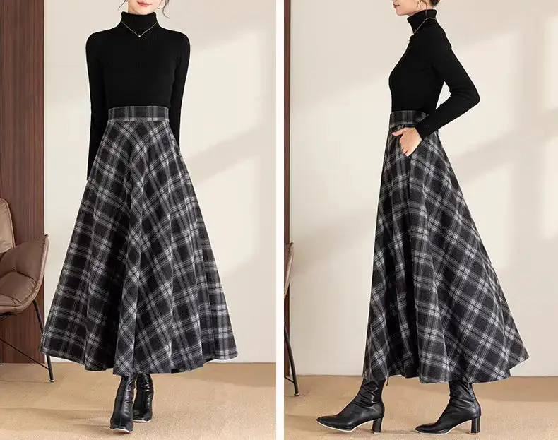 Relaxed Plaid Wool A Line Maxi Skirt