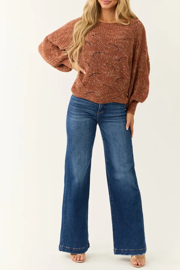 Terracotta Pointelle Long Balloon Sleeve Sweater